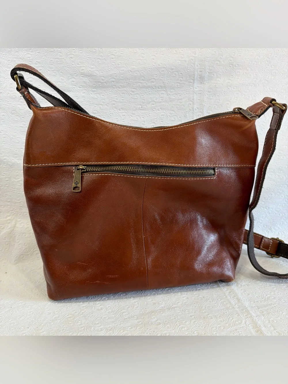 Patricia Nash Bag Brown Italian Leather Purse Zip Top Tote Hobo Crossbody Large